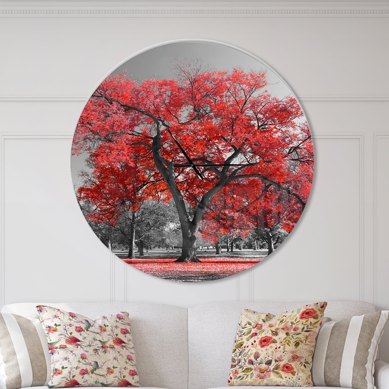 Big Red Tree on Foggy Day - Oversized Floral Wall CLock