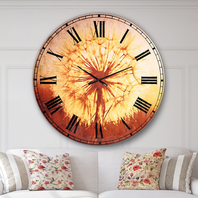 Blossom Dandelion Flower on Brown - Flower Large Wall CLock