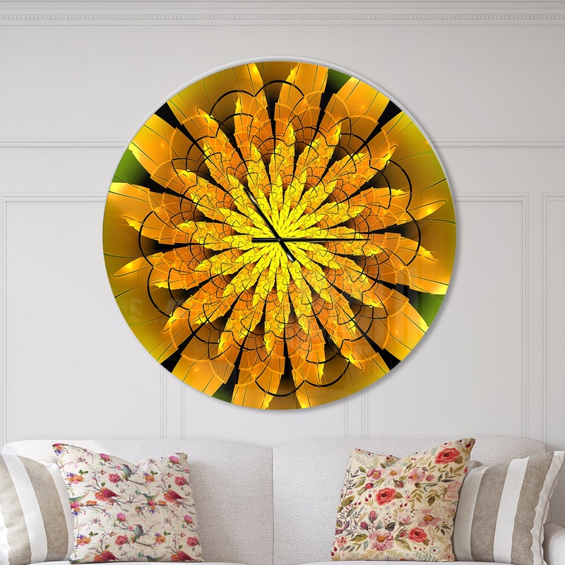 Bright Yellow Fractal Flower on Green - Oversized Modern Wall CLock
