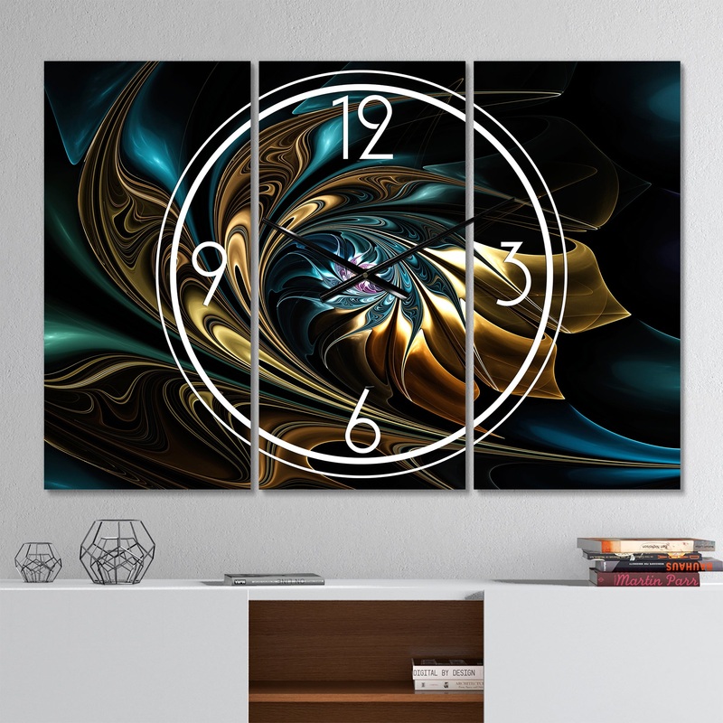 Brown Blue Fractal Flower in Black - Modern 3 Panels Oversized Wall CLock