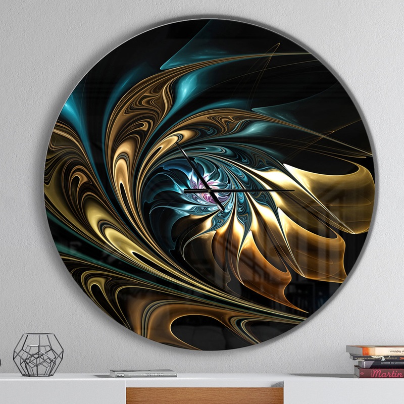 Brown Blue Fractal Flower in Black - Oversized Modern Wall CLock