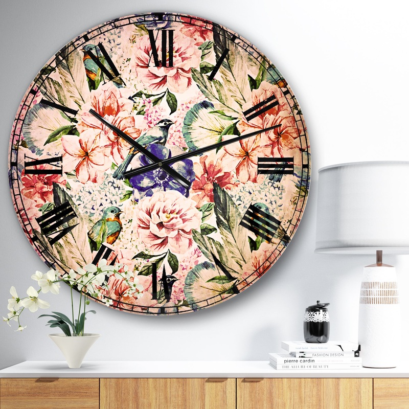 Colorful Flowers and Birds Watercolor - Flower Large Wall CLock