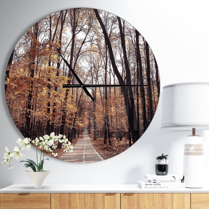 Road in Autumn Golden Forest - Oversized Traditional Wall CLock