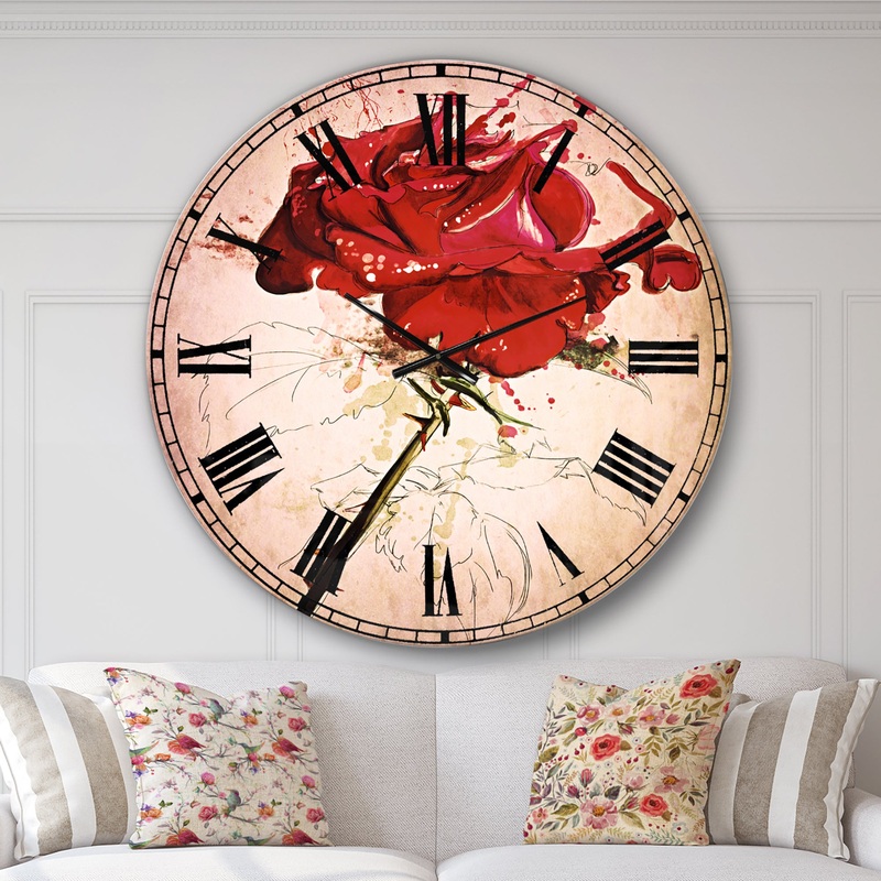Rose Sketch with Stem on White - Flower Large Wall CLock