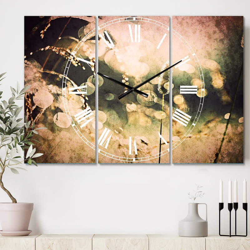 Sunny Meadow with Wild Flowers - Cottage 3 Panels Large Wall CLock