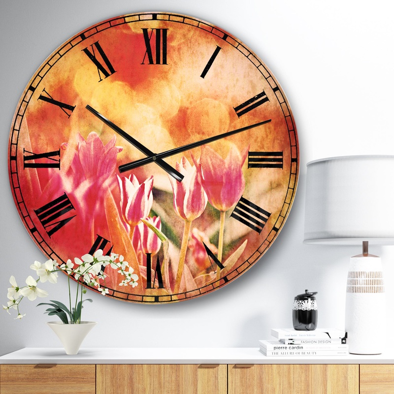 Tulips on Abstract Red Background - Floral Large Wall CLock