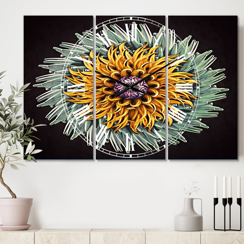 Yellow Blue Abstract 3D Flower - Cottage 3 Panels Large Wall CLock