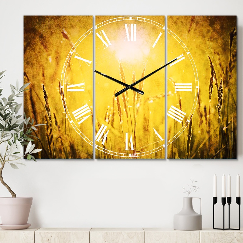 Yellow Grass Flower at Sunset - Cottage 3 Panels Oversized Wall CLock