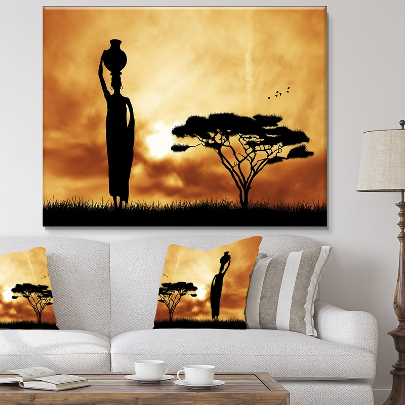African Woman and Lonely Tree - African Landscape Canvas Art Print