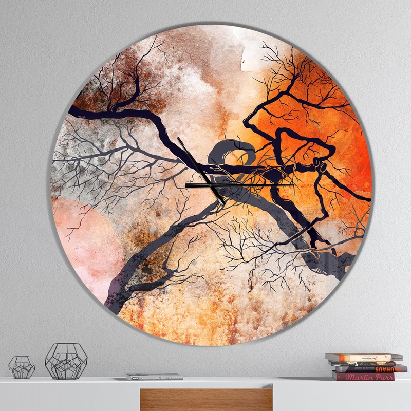Surrealistic trees with red sun - Oversized Modern Wall CLock