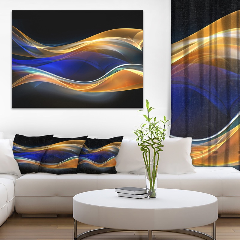 3D Gold Blue Wave Design - Abstract Digital Art Canvas Print
