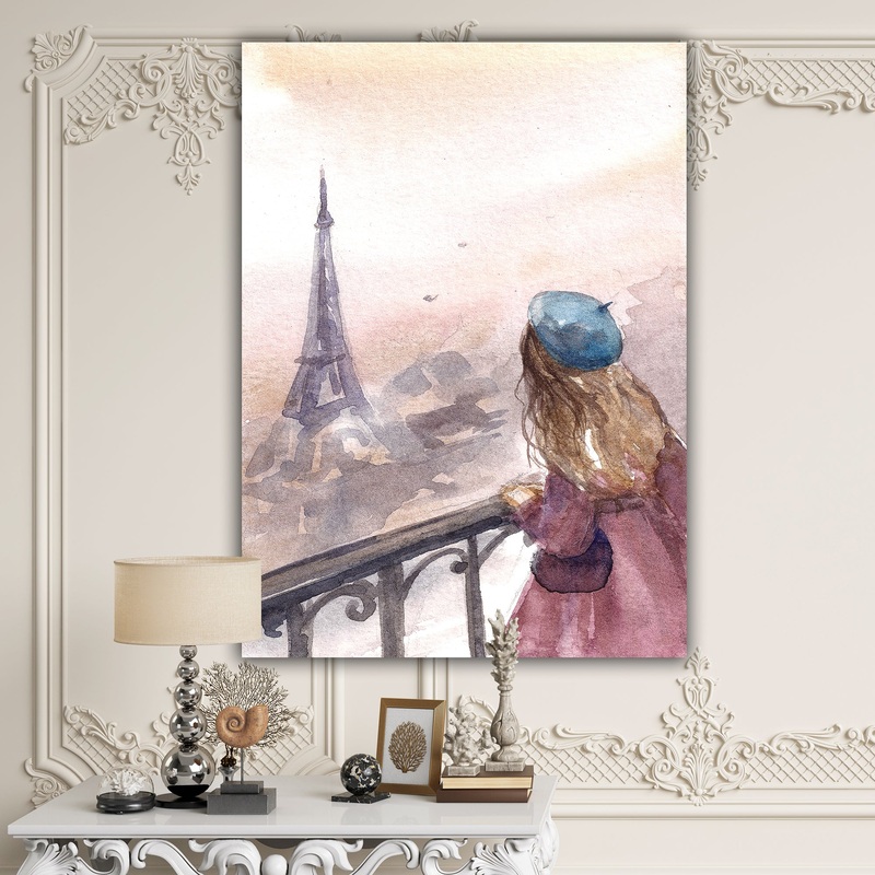 Young Paris Girl Watching Eiffel Tower - Traditional Canvas Wall Art