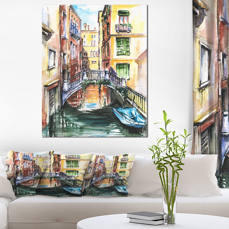 Venice, Canal Meeting Bridge - Cityscape Canvas Art Print