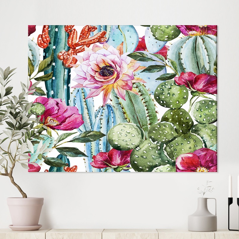 Watercolor cactus pattern - Tropical Canvas Wall Art
