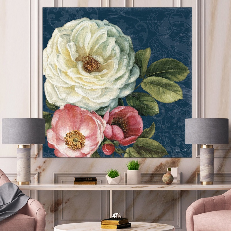 White and Pink Damask Rose Flowers - Farmhouse Canvas Art