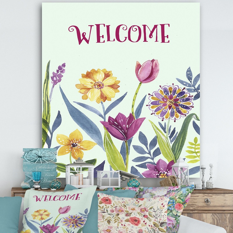 Welcome Flower Quote - Cottage Canvas Art Print