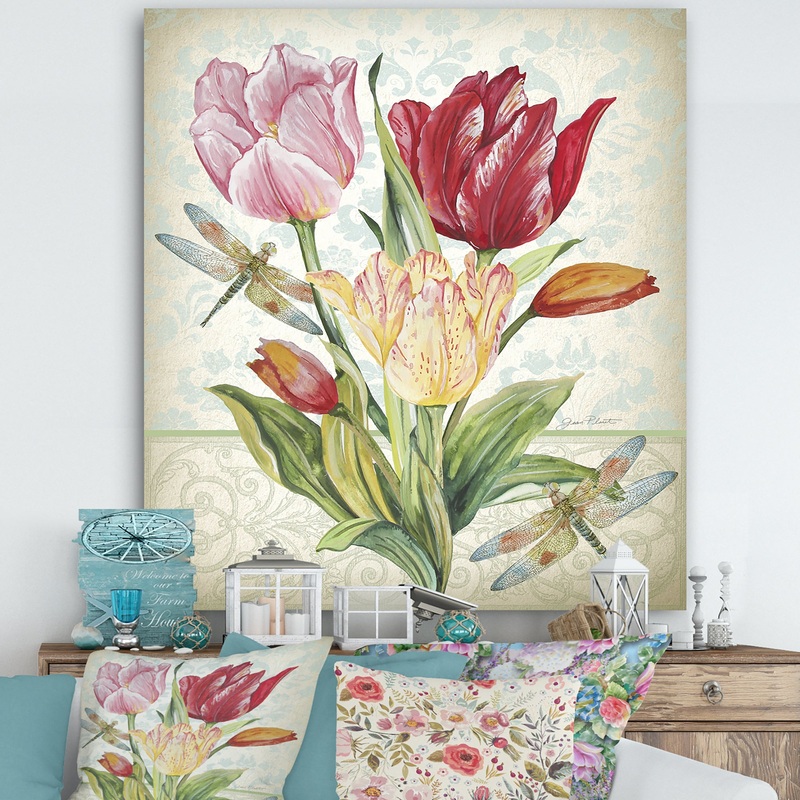 Yellow Pink And Red Tullip With Dragonflies - Cottage Premium Canvas Wall Art