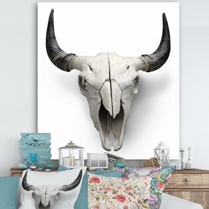 White Cow Skull With Black Horns - Farmhouse Canvas Wall Art