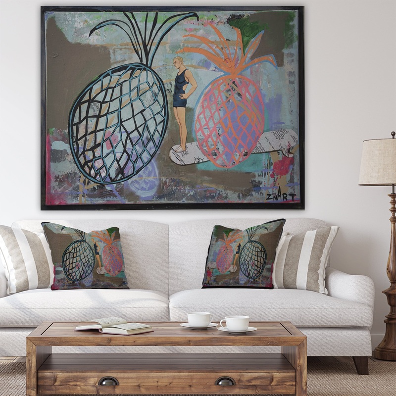 Two Pineapples And A Surfboarder - Cottage Canvas Artwork