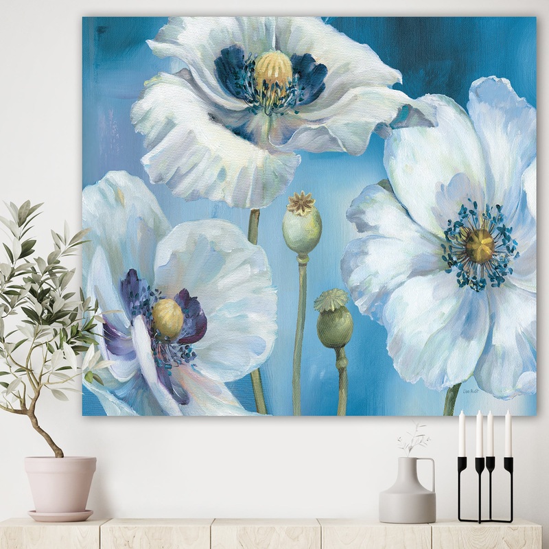 White Flower on Blue II - Farmhouse Premium Canvas Wall Art