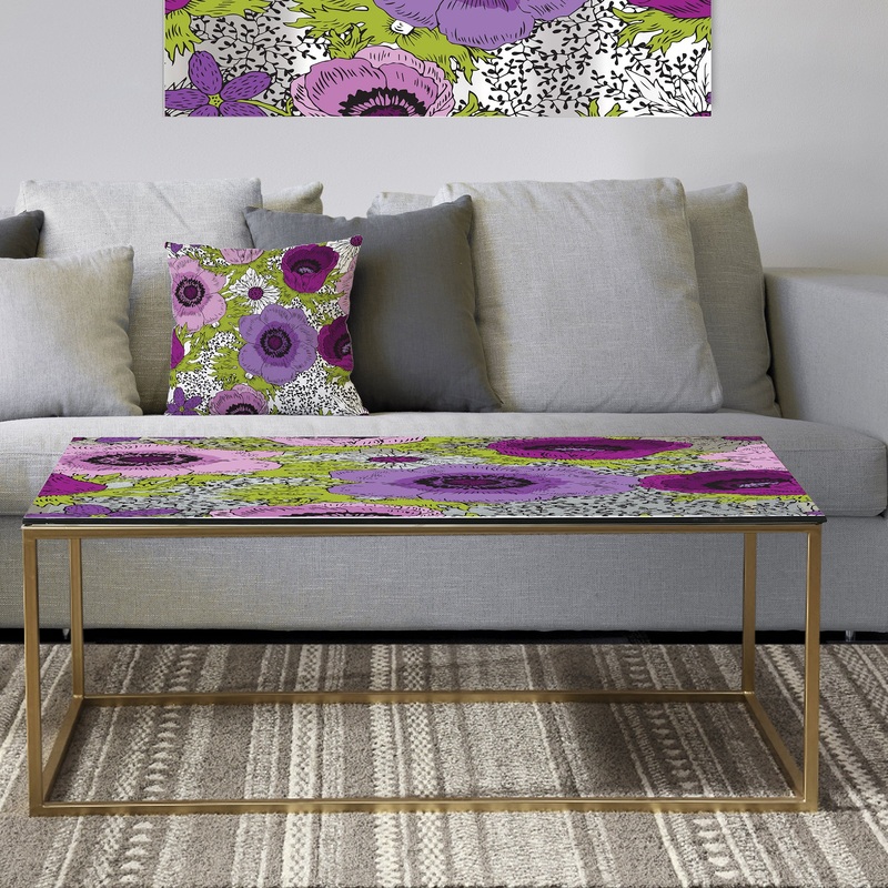 Purple Retro Fantasy Flowers - Metal Traditional Coffee Table