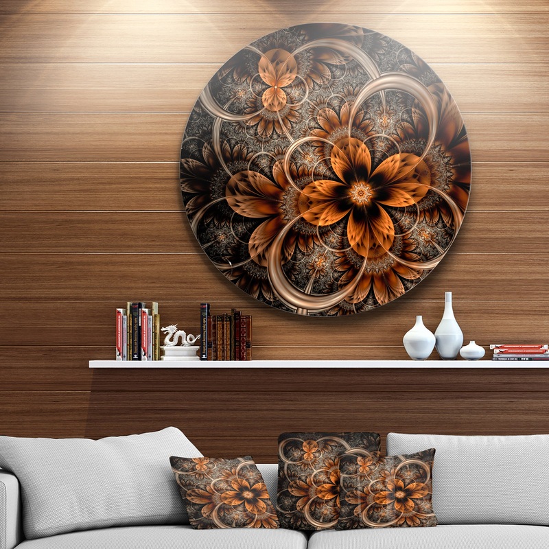 Dark Orange Digital Art Fractal Flower - Floral Round Wall Art