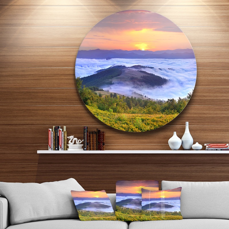 Yellow Sunrise over Blue Waters - Landscape Photo Round Metal Wall Art