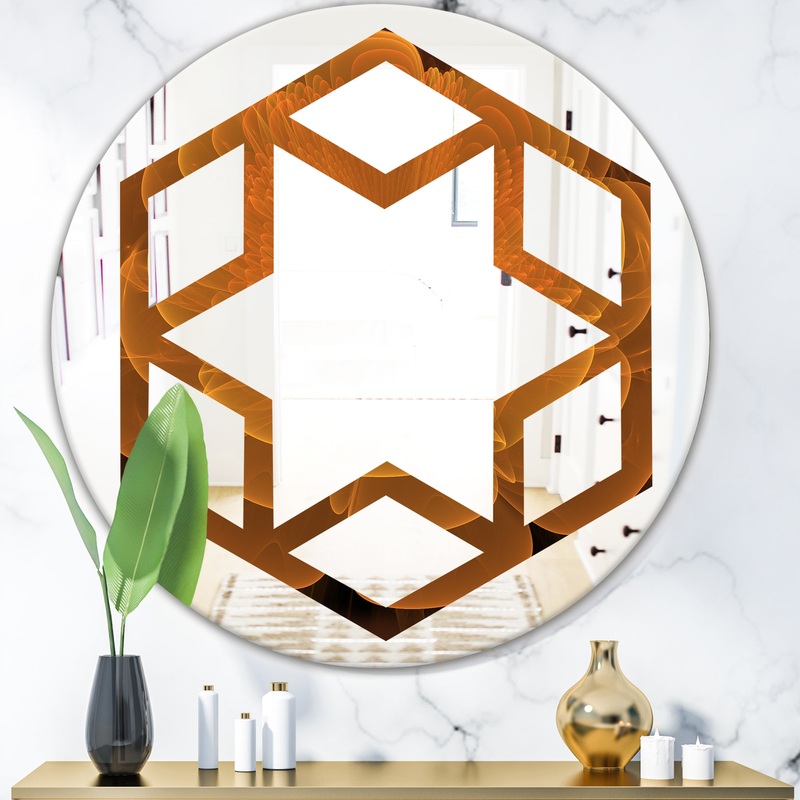 Water Lily Digital Art Fractal Flower - Modern Round or Oval Wall Mirror - Hexagon Star