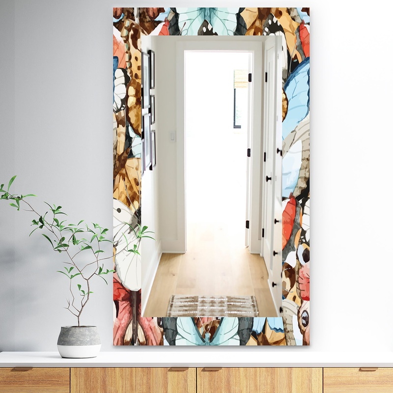 White Red and Blue and Brown Butterfly Pattern - Traditional Mirror - Wall Mirror