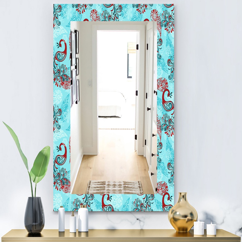 Winter Pattern With Peacocks and Snowflakes - Modern Mirror - Frameless Vanity Mirror