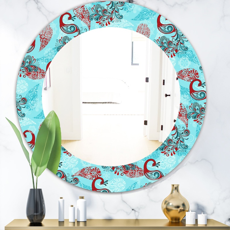 Winter Pattern With Peacocks and Snowflakes - Modern Mirror - Oval or Round Wall Mirror