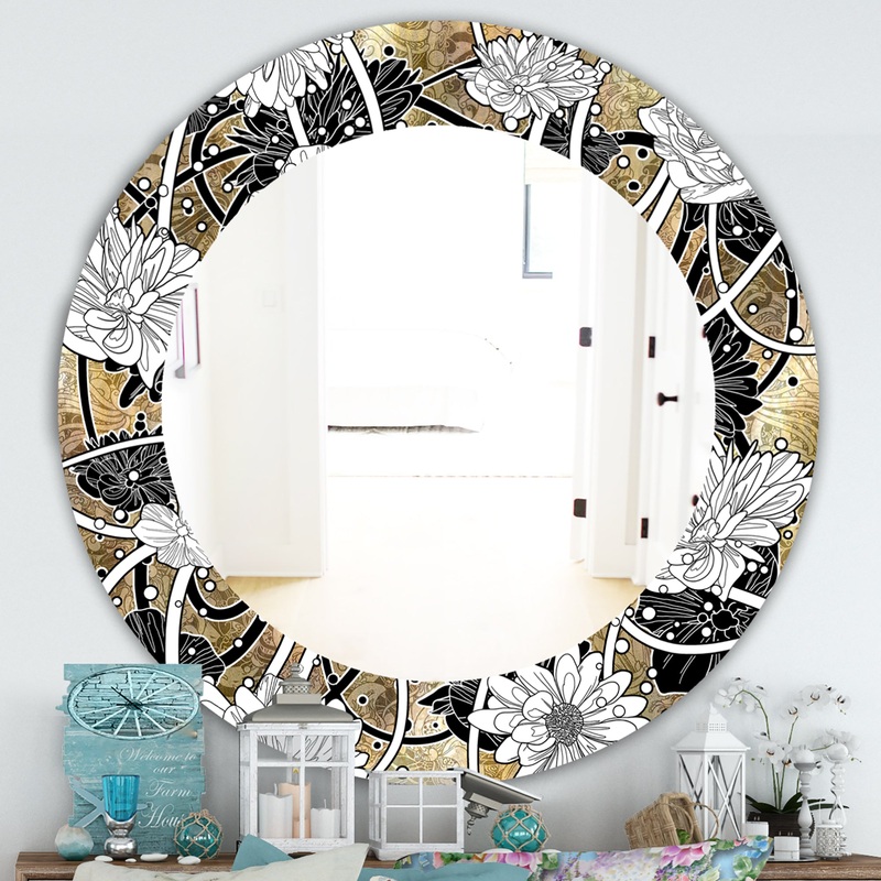 White Drawn Flowers With Black Roses On Brown - Traditional Mirror - Oval or Round Wall Mirror