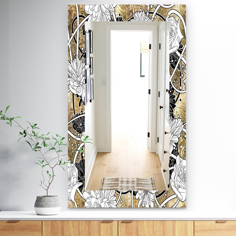 White Drawn Flowers With Black Roses On Brown - Traditional Mirror - Vanity Mirror