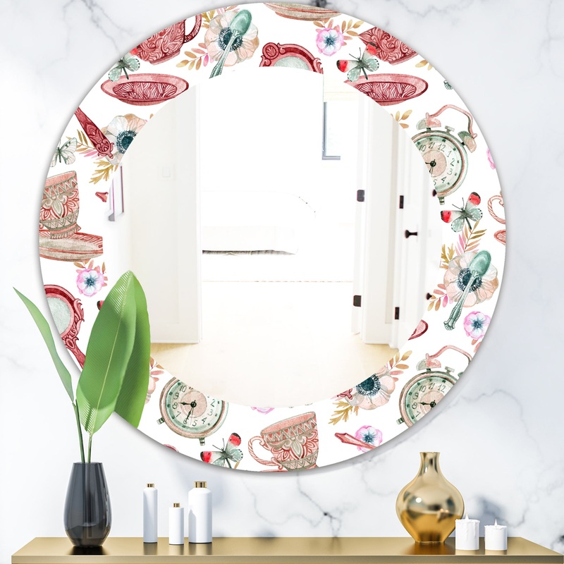 Watercolor Tea Pattern - Modern Mirror - Oval or Round Wall Mirror