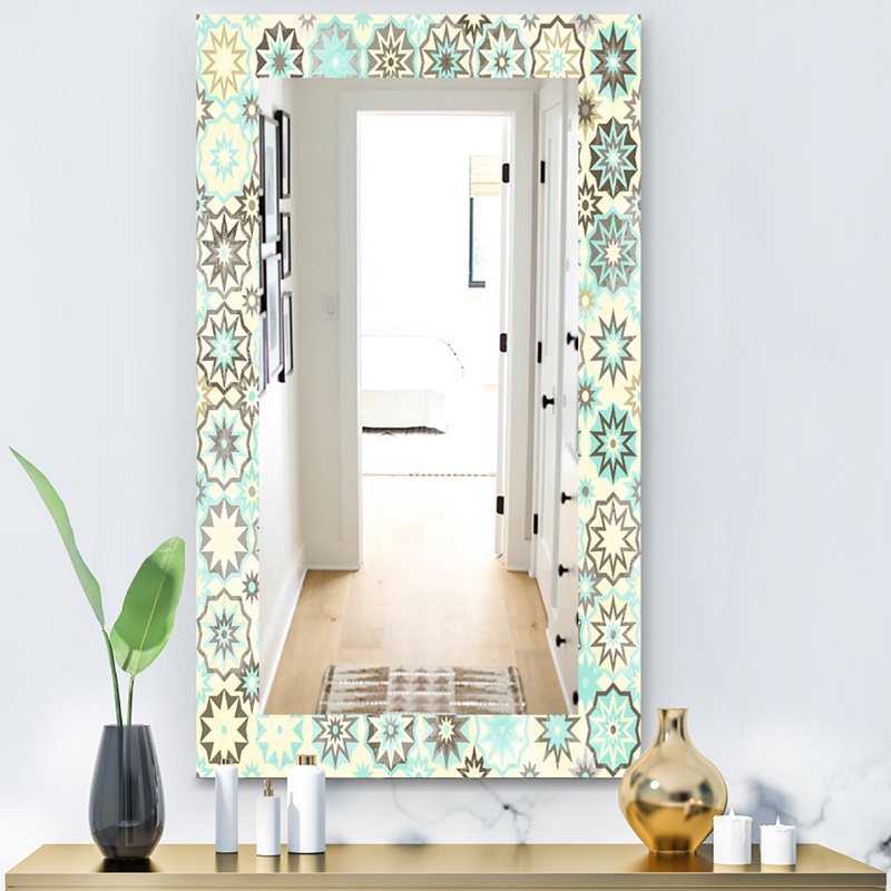 Vintage Snowflakes In Turquoise and Yellow - Bohemian and Eclectic Mirror - Frameless Modern Wall Mirror