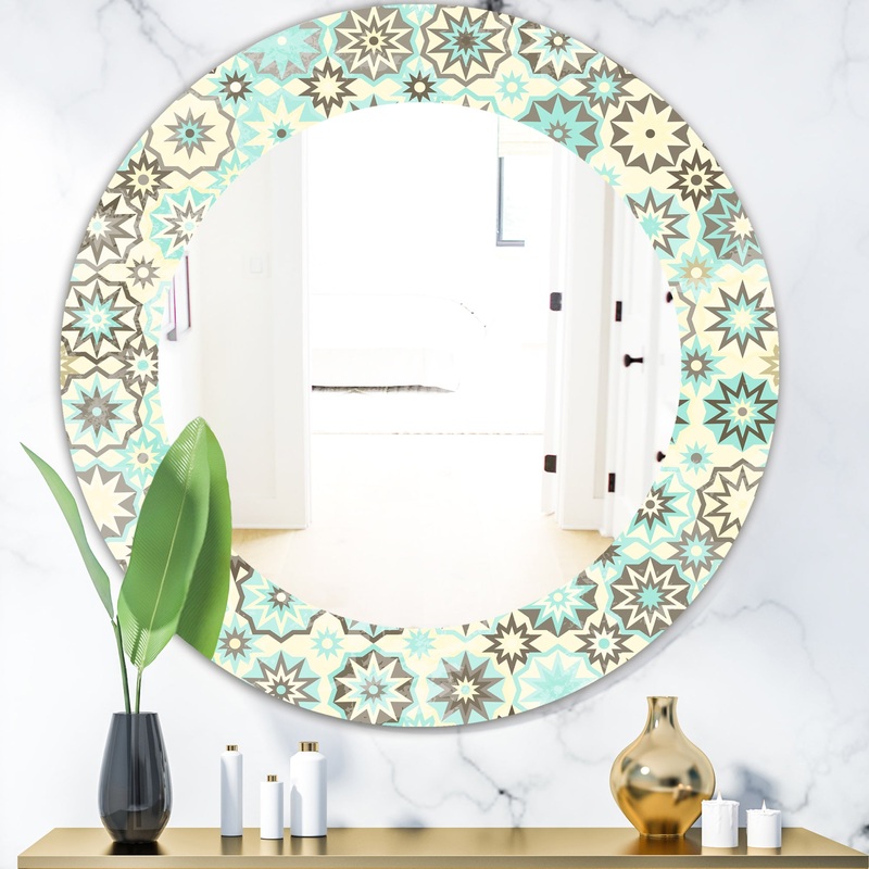 Vintage Snowflakes In Turquoise and Yellow - Bohemian and Eclectic Mirror - Frameless Oval or Round Wall Mirror