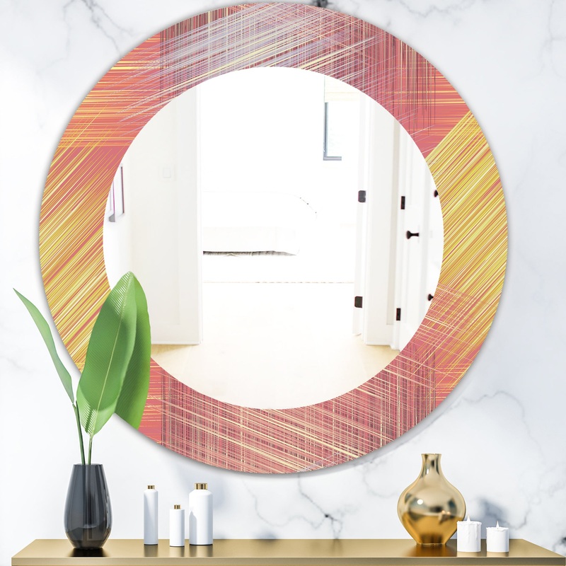 Yellow and Pink Striped Pattern - Modern Mirror - Frameless Oval or Round Wall Mirror