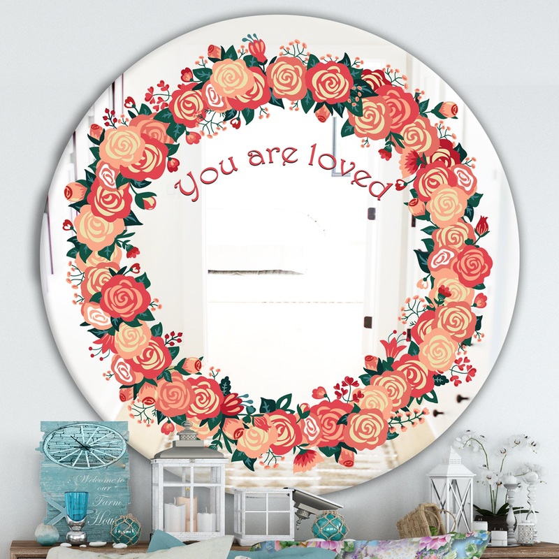 You Are Loved. Pink Flower Heart - Cabin and Lodge Mirror - Round Wall Mirror