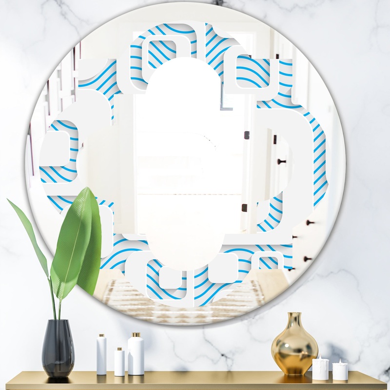 3D White and Blue Pattern I - Modern Round or Oval Wall Mirror - Quatrefoil