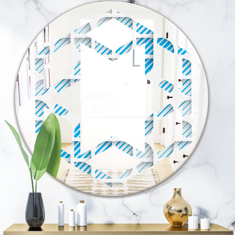 3D White and Blue Pattern II - Modern Round or Oval Wall Mirror - Hexagon Star