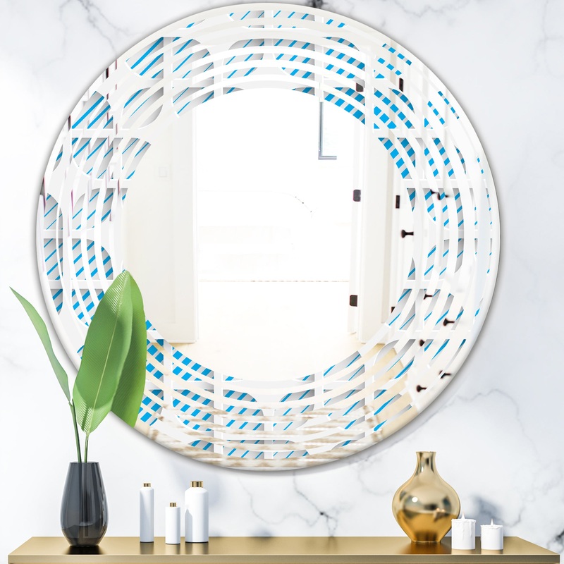 3D White and Blue Pattern II - Modern Round or Oval Wall Mirror - Wave