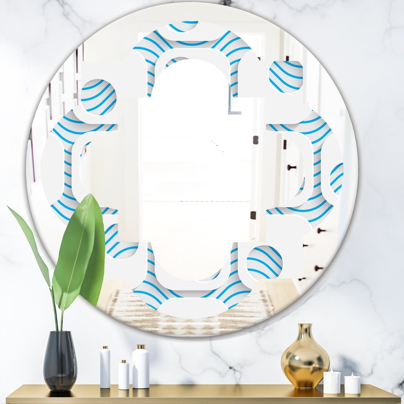 3D White and Blue Pattern III - Modern Round or Oval Wall Mirror - Quatrefoil