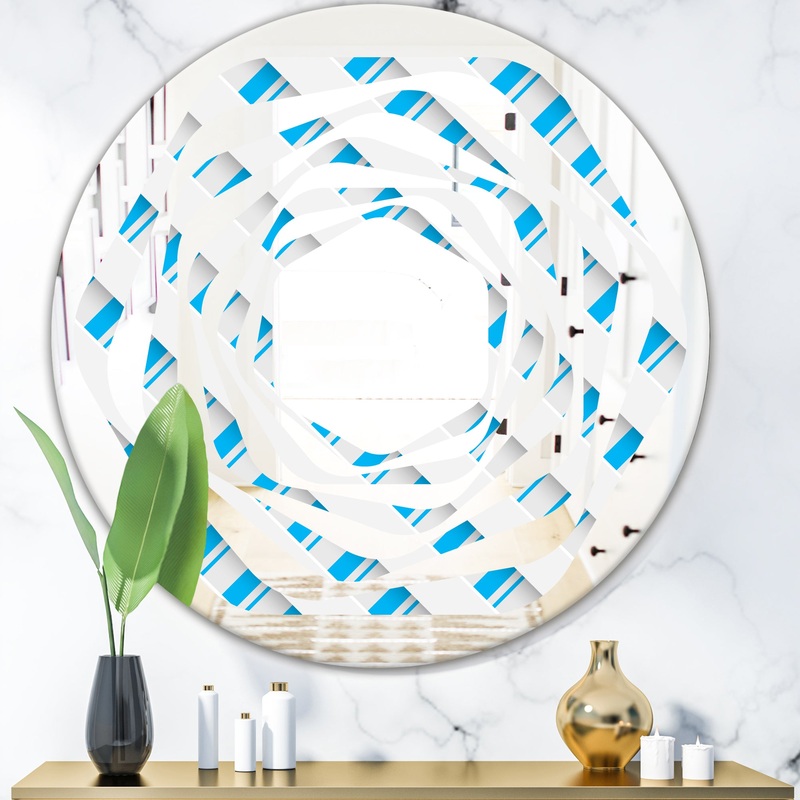 3D White and Blue Pattern VI - Modern Round or Oval Wall Mirror - Whirl