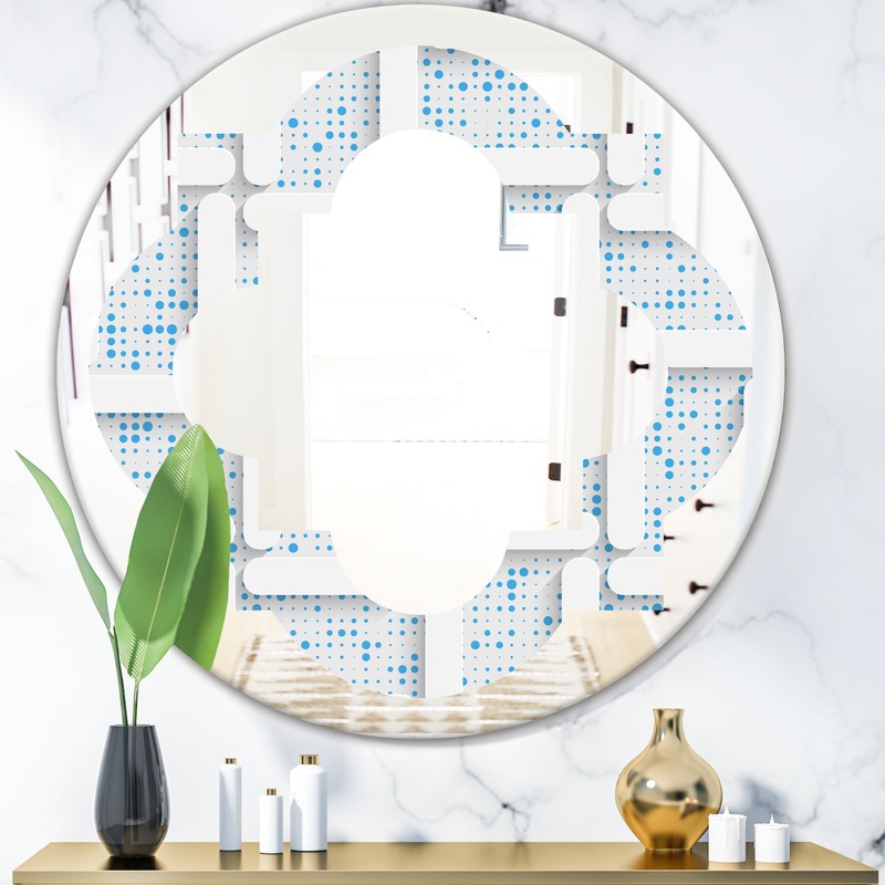 3D White and Light Blue Pattern I - Modern Round or Oval Wall Mirror - Quatrefoil