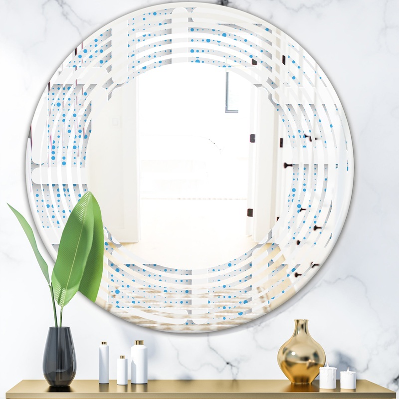 3D White and Light Blue Pattern I - Modern Round or Oval Wall Mirror - Wave