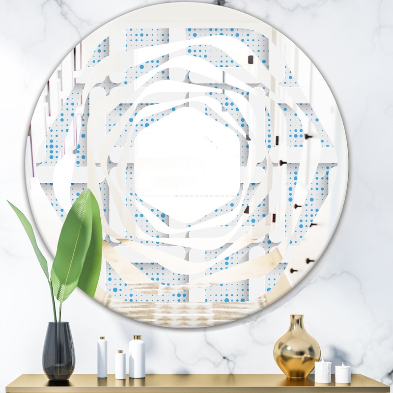 3D White and Light Blue Pattern I - Modern Round or Oval Wall Mirror - Whirl