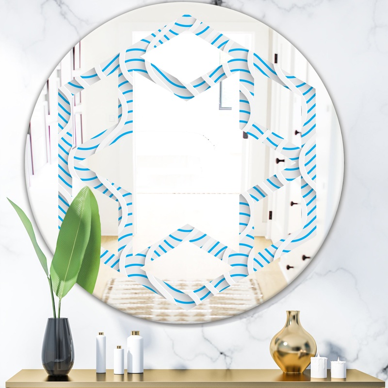 3D White and Light Blue Pattern II - Modern Round or Oval Wall Mirror - Hexagon Star