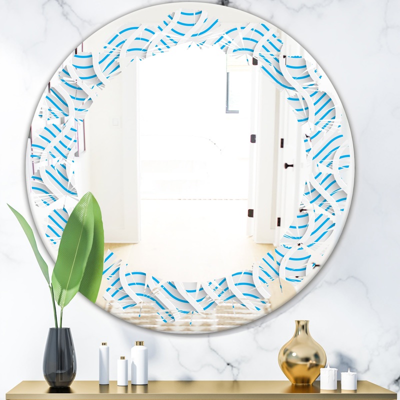 3D White and Light Blue Pattern II - Modern Round or Oval Wall Mirror - Leaves
