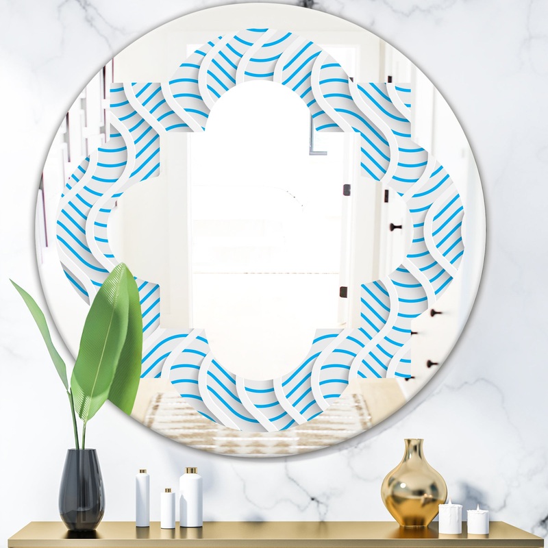 3D White and Light Blue Pattern II - Modern Round or Oval Wall Mirror - Quatrefoil
