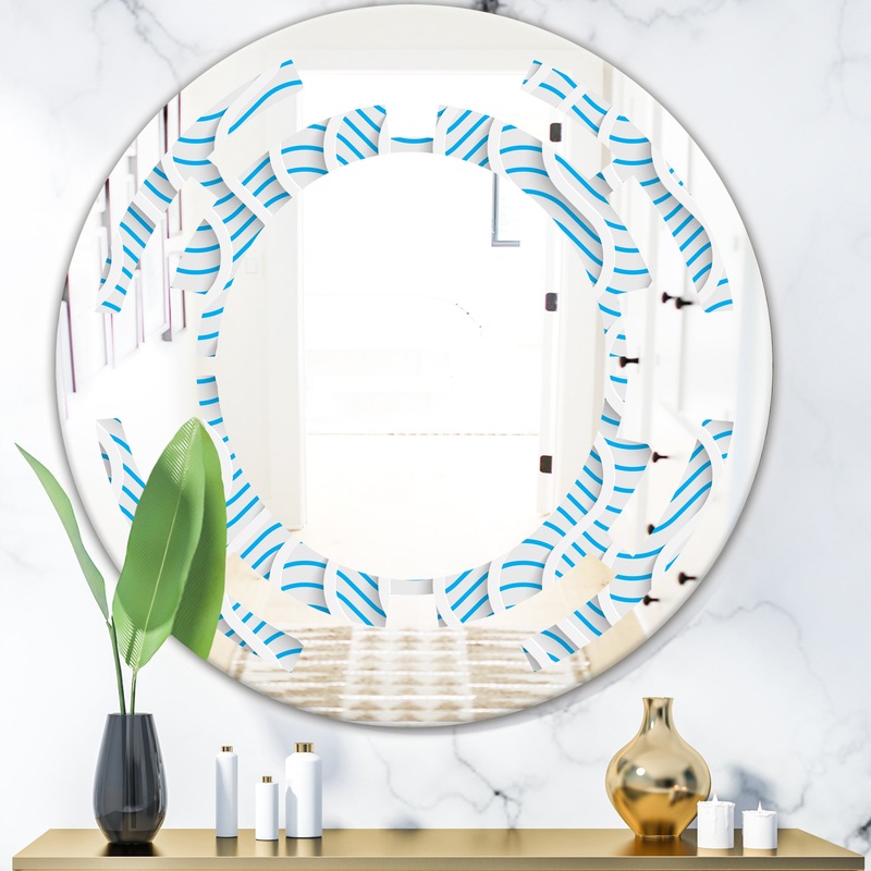 3D White and Light Blue Pattern II - Modern Round or Oval Wall Mirror - Space